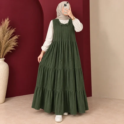 سارافون بلند زنانه نخ لینن چین‌دار کد 6070