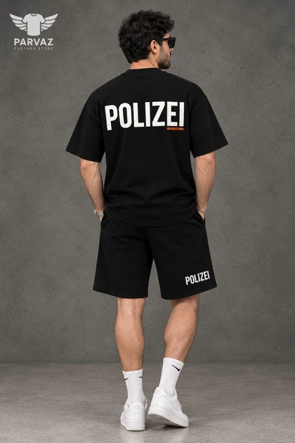 ست تیشرت شلوارک نیم بگ باکسی دونخ مدل POLIZEI _ مشکی