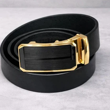 کمربند مشکی مردانه سگک مشکی با قاب طلایی کمربند رسمی و اداری اتوماتیک