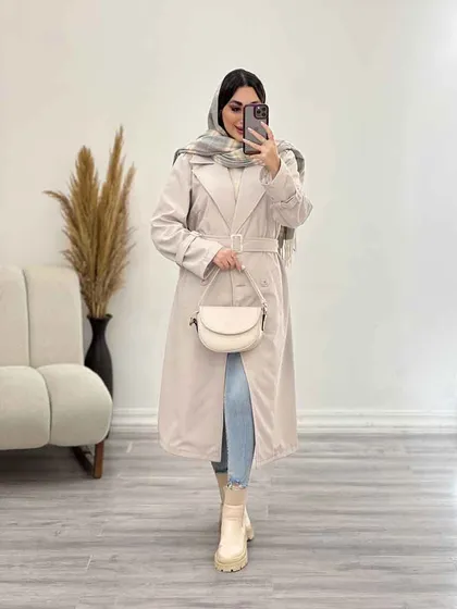 بارانی بلند چهاردکمه کمردار