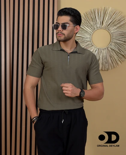 تیشرت نیم زیپ مردانه سبز زیتونی پارچه بیسکوییتی اعلا قواره اسلیم فیت