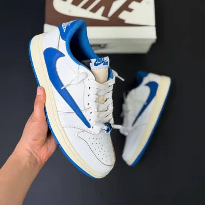 کفش نایک ایر جردن وان لو فرگمنت تراویس اسکات میلیتاری آبی کرم Nike Air Jordan 1 Low Fragment Travis Scott Military Blue Cream