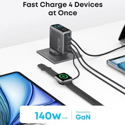 شارژر دیواری انکر مدل B2697 با توان 140 وات، 4 پورت همراه کابل USB-C