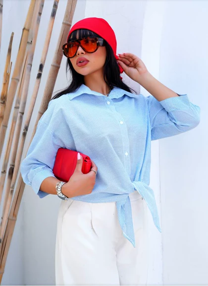 شومیز راه راه جلو گره‌ای زنانه کد 403043