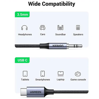 کابل تبدیل تایپ‌سی به جک 3.5 میلی‌متری یک متری یوگرین ugreen CM450 20192 با تراشه DAC حرفه‌ای
