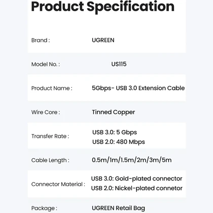 کابل افزایش طول USB 3.0 یوگرین Ugreen مدل US115 30126 طول 1.5 متر