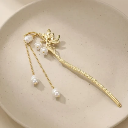 کانزاشی مو زنانه فلزی مدل الوریا طرح شاخه گل‌های ظریف با آویز مروارید