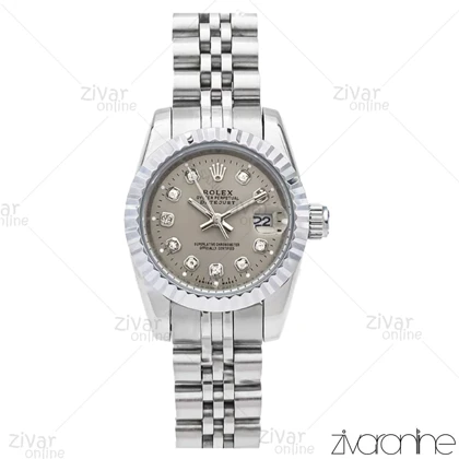 ساعت رولکس دیت جاست زنانه سیلور صفحه طوسی نگینی اسمال 106069