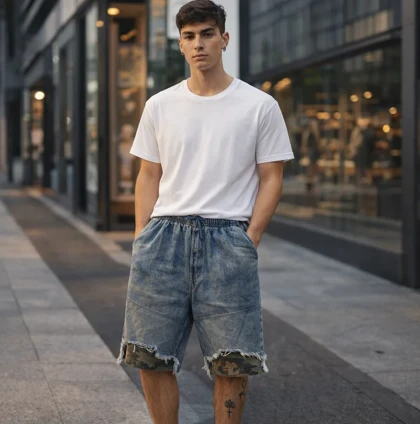 شلوارک جین رنگ خاص سرمه ای صابونی سنگشور با تیکه اسپرت چریکی پارچه جین پنبه