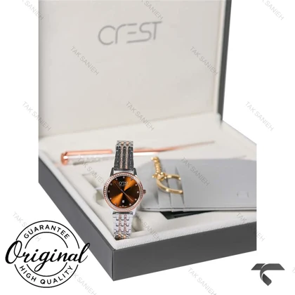 ساعت کادویی زنانه کرست مدل 9043-3 دورنگ رزگلد صفحه قهوه ای Crest-11245-L