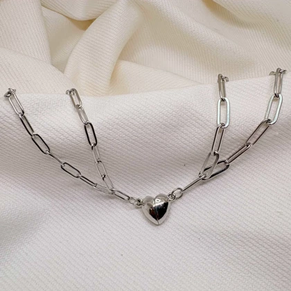 ست دستبند دو نفره مدل «قلب مگنتی» | زنجیر استیل کارتیر ظریف با پلاک مکمل