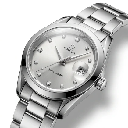 ساعت مچی زنانه امگا SPEEDMASTER مدل OMEGA-2362 بند استیل نقره‌ای صفحه سفید صدفی نگین‌دار
