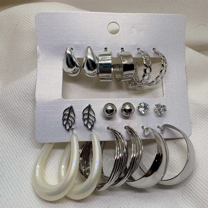 پک 9 عددی گوشواره استیل طرح «میکس ترند» | شامل حلقه‌ای، مرواریدی و میخی نگین‌دار