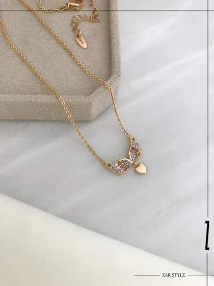 گردنبند بال فرشته نگین رنگی قلبی