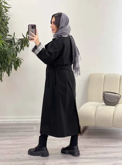 بارانی یقه چهارخونه پرچ دار