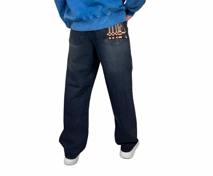 شلوار جین زاپ‌دار بگ مردانه سرمه ای با شست آبی