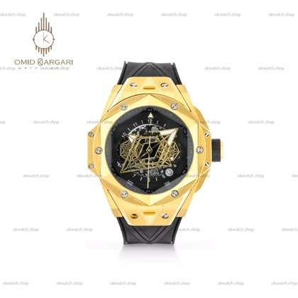 ساعت مچی اوبلو صفحه کهکشانی بند مشکی قاب طلایی Hublot Big Bang Unico Sang Bleu ii King Gold