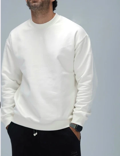 دورس یقه گرد سفید نخ پنبه سه نخ پشت خار خورده قواره رگولار فیت پارچه لوکس