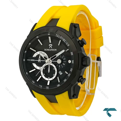 ساعت رومانسون مردانه کرنوگراف دار مشکی بند رابر زرد Romanson-8262-G