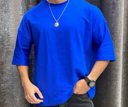 تیشرت بیسیک قواره باکسی آبی شالی پارچه ماکان گرماژ بالا کد 6