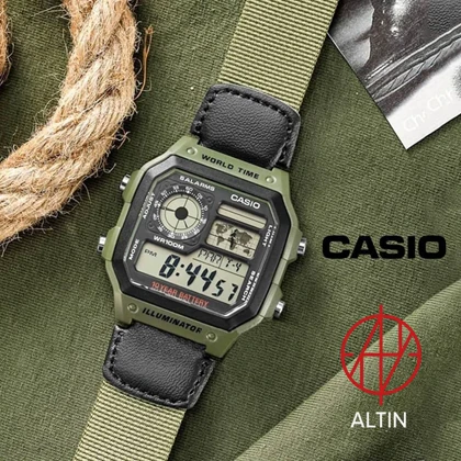 ساعت مچی دیجیتال کاسیو Casio مدل AE-1200WHB-3BVDF سری World Time – بند برزنتی سبز ارتشی