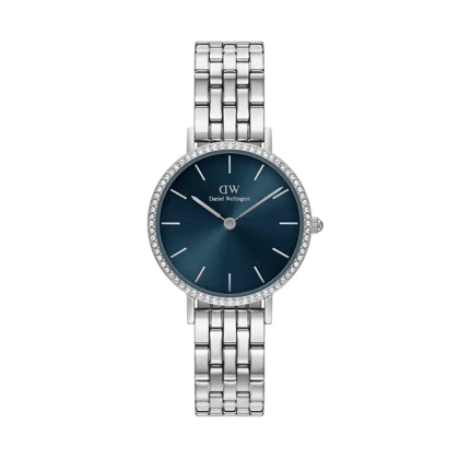 ساعت DW زنانه فلزی گرد استیل صفحه سرمه ای نگین‌دار DW-5417-L