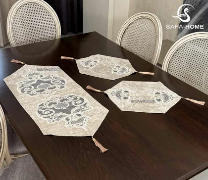 رومیزی 4 تکه مخمل دانتل گل برجسته سلطنتی