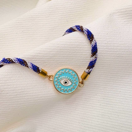 دستبند اسپرت طرح «چشم نظر فیروزه‌ای» (بند بافت ترکیبی) | محافظ انرژی منفی
