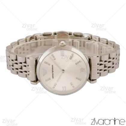ساعت امپریو آرمانی زنانه صفحه نقره ای ایندکس نگین‌دار 104400