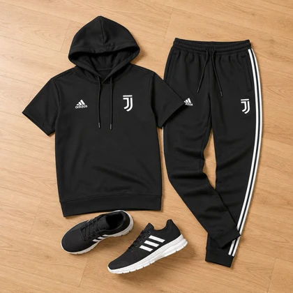 پکیج ست تیشرت کلاهدار و شلوار مردانه مدل Juventus + کفش ورزشی مردانه مدل Alshen