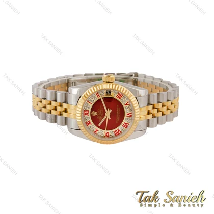 ساعت رولکس زنانه دورنگ طلایی صفحه قرمز ایندکس رومی Rolex-5108-S-L