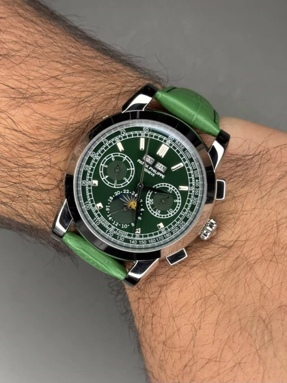 ساعت مچی پتک فیلیپ فول دیت بند چرمی سبز صفحه سبز Patek Philippe
