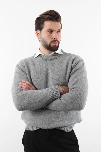 ژاکت بافتنی مردانه یقه کروی خاکستری E7402