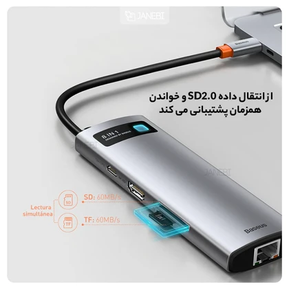 هاب 8 پورت بیسوس Baseus Metal Gleam 8 in 1 Multifunctional Type-C HUB 100W WKWG000103