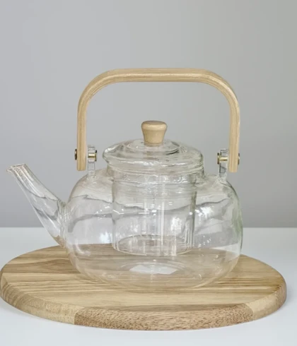 قوری پیرکس شفاف دسته چوبی 1200میل