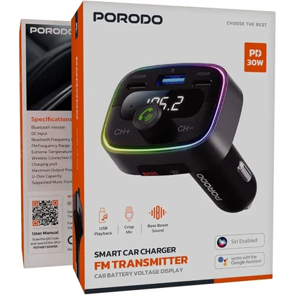 شارژر فندکی و اف ام پلیر بلوتوثی پورودو Porodo مدل PDFMBT30WBK بلوتوث 5.4