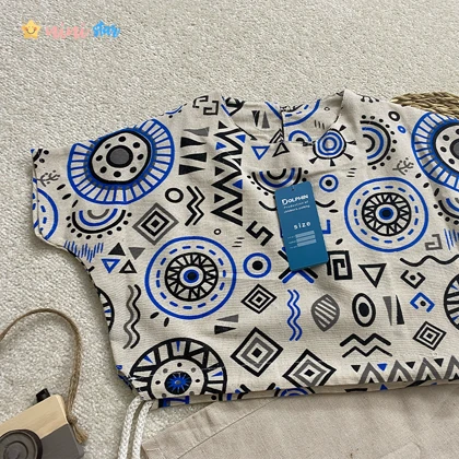 کراپ شلوار لینن طرح ترکیبی مشکی و آبی 3 تا 9 سال