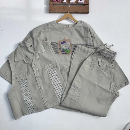 سه تیکه کتان دخترانه مانتو جلیقه با شلوارکارگو