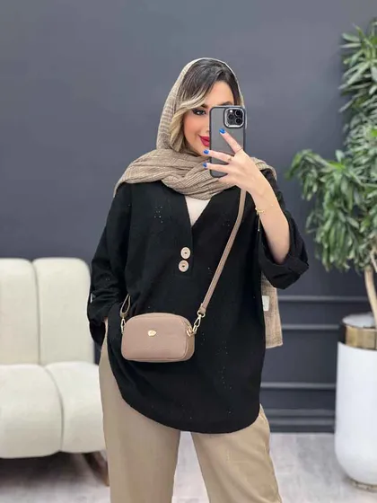 شومیز دو دکمه چوبی آستین پاگن