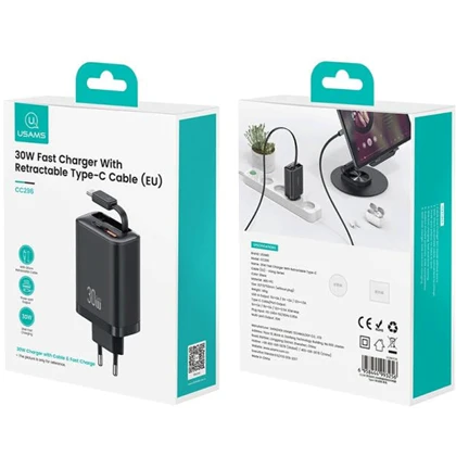 شارژر دیواری 30 وات Type-C و USB یوسامز با کابل تایپ سی CC296
