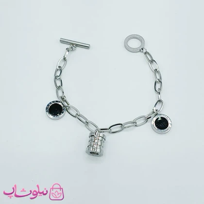 دستبند دخترانه آویز دار نقره ای مشکی بولگاری استیل کد 1886