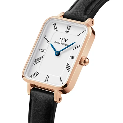 ساعت DW زنانه مستطیلی بند چرمی رزگلد سفید ایندکس یونانی DW-5524-L