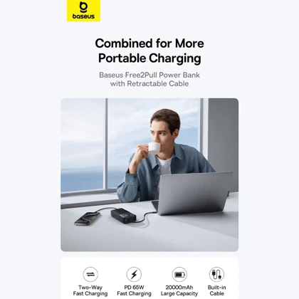 پاور بانک فست شارژ تایپ سی 65 وات 20000 با کابل تایپ سی بیسوس P10070900122-00