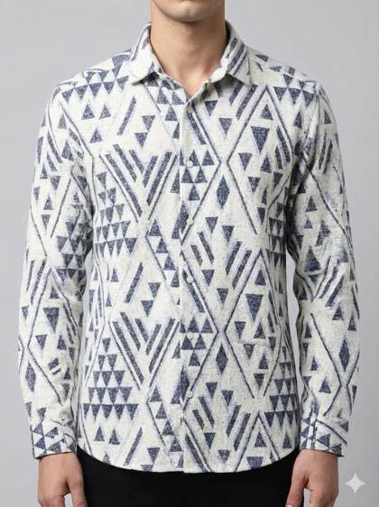 پیراهن کنفی مردانه آستین بلند طرحدار سفید سرمه ای کد 701