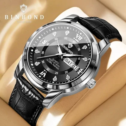 ساعت مچی مردانه بین باند BINBOND اورجینال دوتقویم بند چرم ضداب دارای رنگ بندی شیک