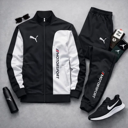 ست سویشرت شلوار مردانه مشکی مدل MotorSport+ کفش ورزشی مردانه Nike مدل Tigo زیره سفید