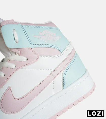 کفش کتانی ساق‌دار زنانه سفید صورتی آبی نایک NIKE jordan 1 مدل 7821