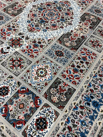 فرش ترک 12 متری کرم آبی طوسی