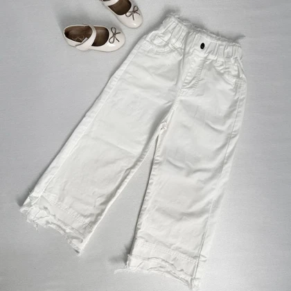 شلوار کتان سفید خارجی دخترانه پایین ریش دار