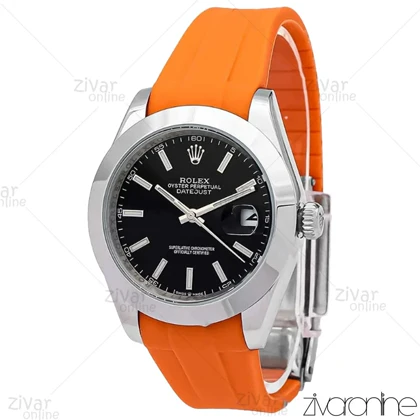 ساعت رولکس دیت جاست 2 مردانه صفحه مشکی بند رابر نارنجی 106609